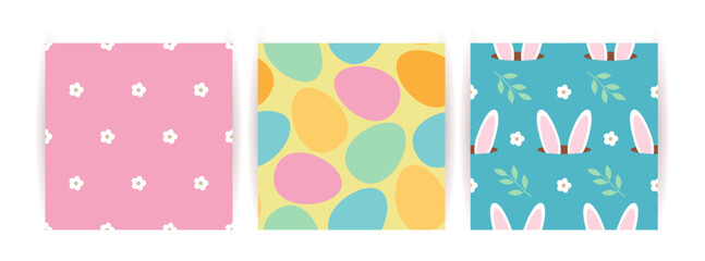 Hand drawn Easter design with bunny ears, flowers and Easter eggs in pastel colors. Modern minimalist style.Set of greeting cards.