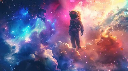 Whimsical scene of a spaceman in a galaxy of colors, ideal for creative music album covers. - obrazy, fototapety, plakaty