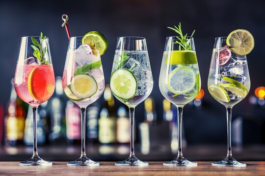 Five colorful gin tonic cocktails in wine glasses on bar counter