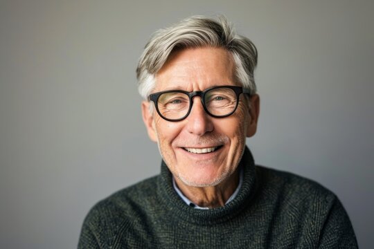 Portrait of a smiling senior man wearing eyeglasses against grey background