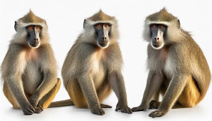 collection of three baboon monkeys portrait standing sitting animal bundle isolated on a white background as - obrazy, fototapety, plakaty