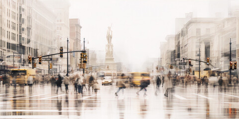 City street with people crossing road in rain, blurred motion, long exposure, black and white with yellow taxis - obrazy, fototapety, plakaty