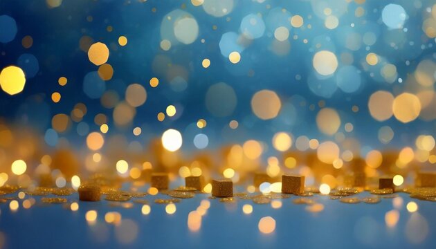 christmas and new year winter festive background falling small square pieces of gold foil and glowing circles of different sizes on blue blurred bokeh background with copy space for text