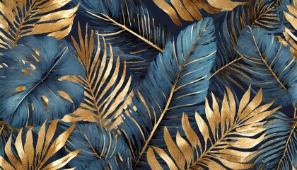 golden and black tropical leaves seamless pattern on a dark background exotic botanical design beautiful luxury dark blue textured background frame with golden and blue tropical leaves