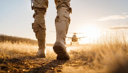 legs of ukrainian special forces military soldier walking through battle field with chopper in background - obrazy, fototapety, plakaty