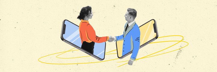 Acquisition. Contemporary art collage. Two business people make deal standing in phones against...