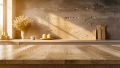 minimalist kitchen background in spring or summer warm sand tones light wood tabletop and stone wall