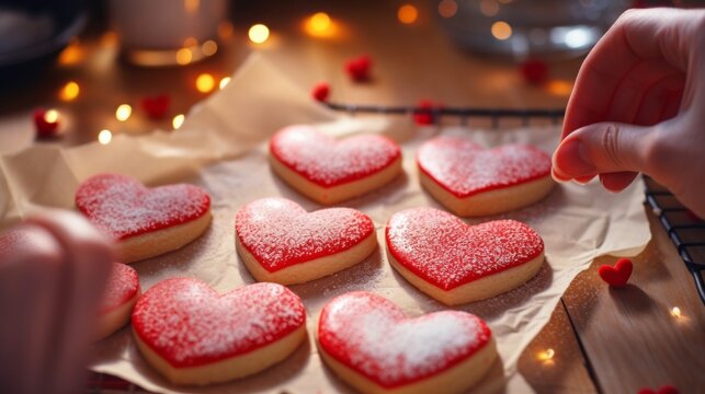A person is decorating a tray of heart-shaped cookies with powdered sugar
