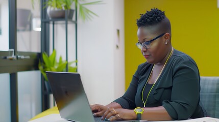 A short-haired black LGBTQ spokesperson working on her laptop at the office - obrazy, fototapety, plakaty