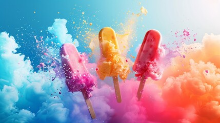 a stunning minimalist vector art poster for a luxurious ice cream shop, featuring popsicle elements bursting into the air amidst vibrant, intense colors. - obrazy, fototapety, plakaty