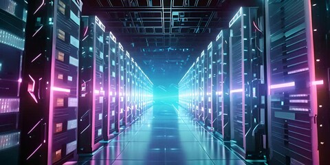 High performance data servers. Glowing cables, high bandwidth. Ultra high performance servers in data center rack, operating at full load. 4K Video - Powered by Adobe