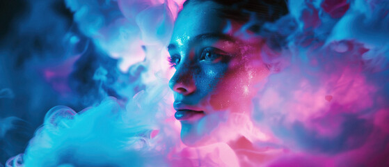 A woman's face is shown in a blue and purple smoke