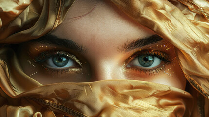 A woman with gold eyeshadow and a gold scarf covering her face - obrazy, fototapety, plakaty