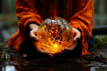 A psychic medium communing with spirits through mystical artifacts and a crystal ball, seeking guidance for the future.
