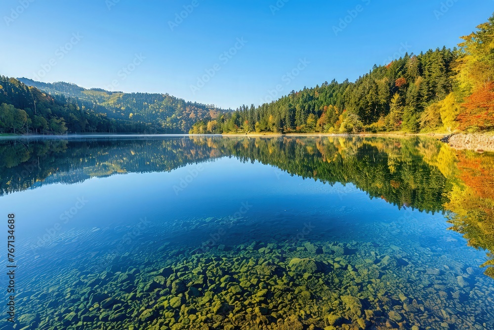 Poster lake and mountains with reflection of tree in lake