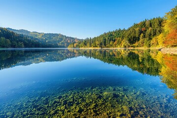 Fototapeta na wymiar lake and mountains with reflection of tree in lake 