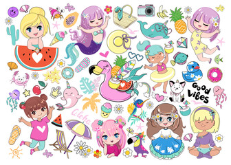 Big collection with little girls and summer items. Concept rest, childhood, game, Kids camp. Vector illustration fashion stickers - 767134805