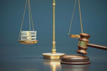 Scales of Justice Balancing Money Against a Judge's Gavel in Legal Decision - obrazy, fototapety, plakaty