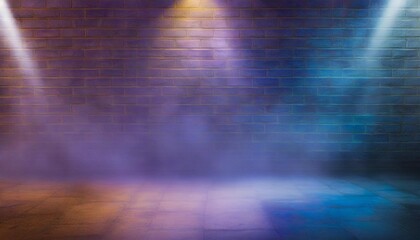 brick wall texture pattern blue and purple background an empty dark scene laser beams neon spotlights reflection on the floor and a studio room with smoke floating up for display products - obrazy, fototapety, plakaty