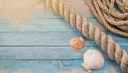 pattern sea shell and rope on a blue old wooden background with sand summer time holiday concept top view leave a copy space for writing descriptive text tone colorful pastel - obrazy, fototapety, plakaty