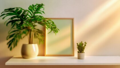 wall art mockup concept with green plant white wall and shelf on blurry background