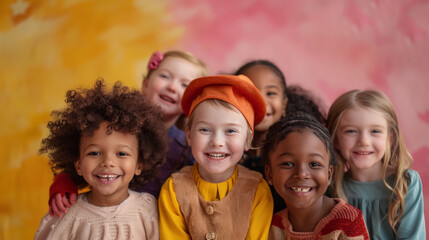 Cheerful children of different ethnicities in diversity photo shoot on soft color background.