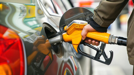 close up of filling petrol in car fuel tank - obrazy, fototapety, plakaty
