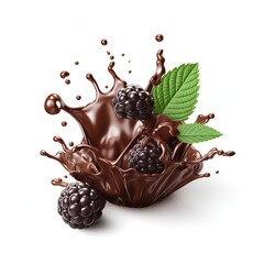 Chocolate, Blackberries, Mint Leaves on White Background - obrazy, fototapety, plakaty