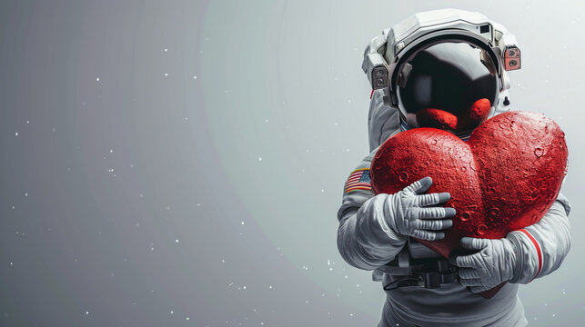 An astronaut hugging a large red heart. Plain color background.
