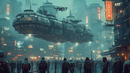 A dystopian cityscape bathed in neon lights under a rain-drenched atmosphere, featuring flying vehicles and throngs of people