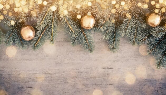 christmas background with decorated fir tree branch border on vintage wood flat lay panoramic toned image