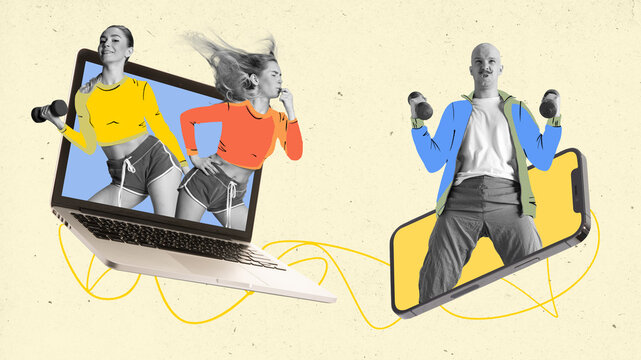 Contemporary art collage. Young people doing exercises in action while standing in laptop and phone. Concept of technology progress in modern life, work and study in distance, sport. - Powered by Adobe