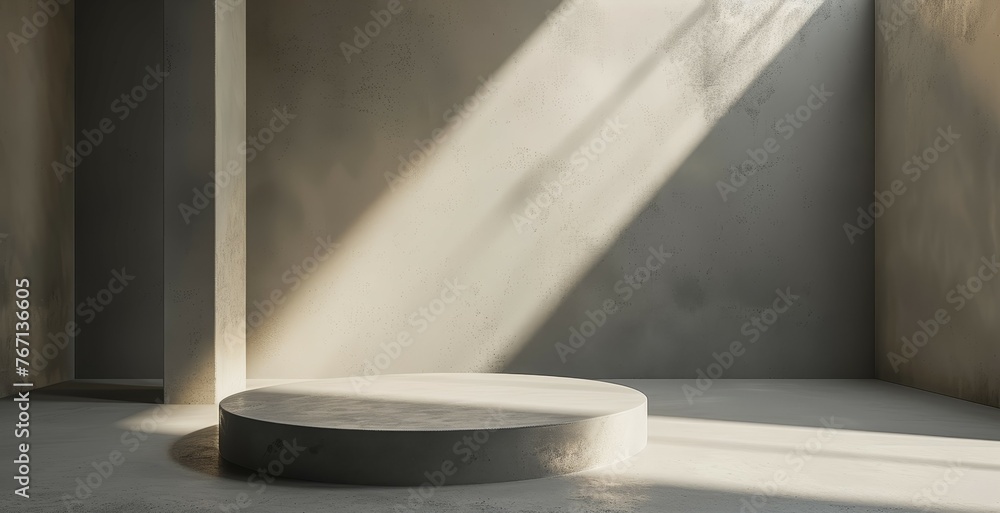 Poster a minimalist interior design featuring concrete walls and floor with a sharp ray of golden sunlight 