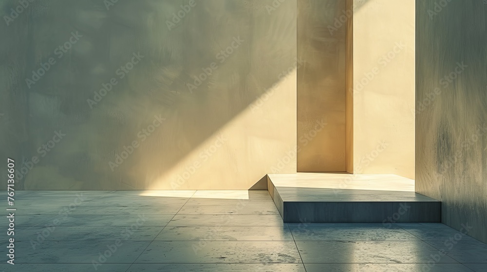 Poster a minimalist interior design featuring concrete walls and floor with a sharp ray of golden sunlight 