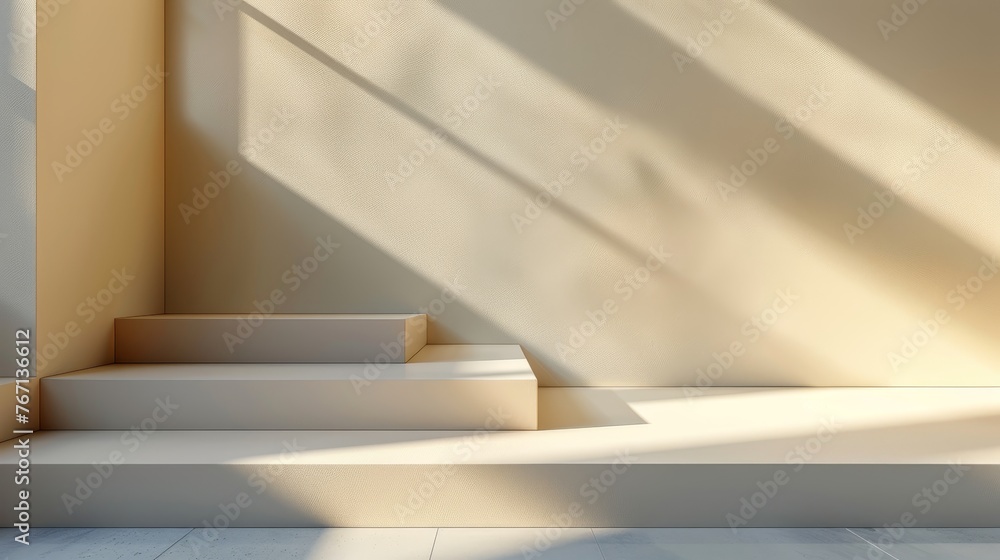 Poster a minimalist interior design featuring concrete walls and floor with a sharp ray of golden sunlight 