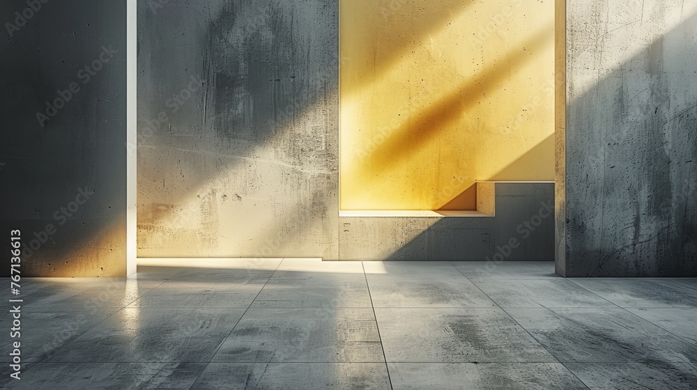 Poster a minimalist interior design featuring concrete walls and floor with a sharp ray of golden sunlight 