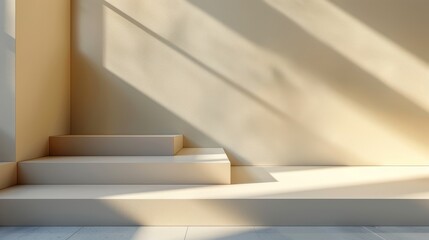 Obraz premium A minimalist interior design featuring concrete walls and floor with a sharp ray of golden sunlight casting shadows.