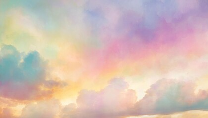 colorful watercolor background of abstract sunset sky with puffy clouds in bright rainbow colors of pink green blue yellow orange and purple - obrazy, fototapety, plakaty