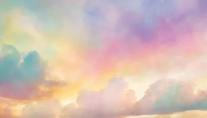 Poster colorful watercolor background of abstract sunset sky with puffy clouds in bright rainbow colors of pink green blue yellow orange and purple © Jayla
