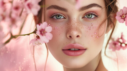A woman with green eyes and pink makeup is surrounded by pink flowers. Concept of beauty and femininity, as the woman's makeup and the flowers complement each other