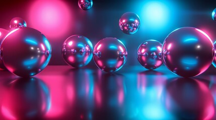 A striking 3D rendering of shiny spheres reflecting neon lights in a room, showcasing a play of pink and blue hues that create a futuristic atmosphere.
