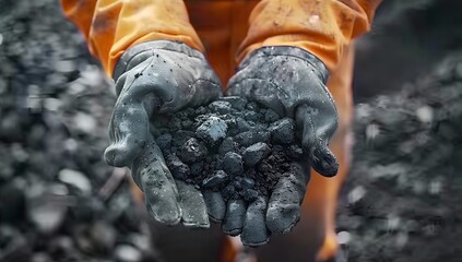 The hands of a coal miner holding small pieces of coal extracted from the ground, fossil fuel energy
