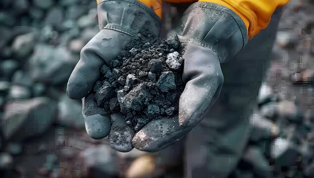 A coal miner holding junks of coal in hands, fossil fuels, environmental pollution
