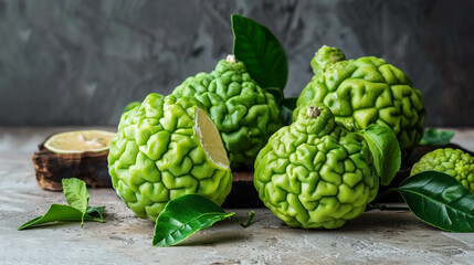 Fototapeta premium Bergamot. Citrus bergamia. Vibrant green kaffir limes with Leaves arranged on a rustic surface, showcasing their citrus freshness