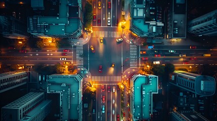 Aerial shot of city traffic during nighttime