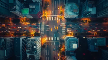 Deurstickers Bird's eye view from a drone of a cityscape metropolis, bustling traffic, city lights © Rando