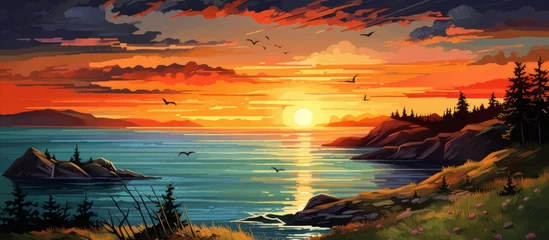 Selbstklebende Fototapeten A stunning landscape painting portraying a sunset over a tranquil body of water, with colorful clouds reflecting the afterglow of dusk © AkuAku