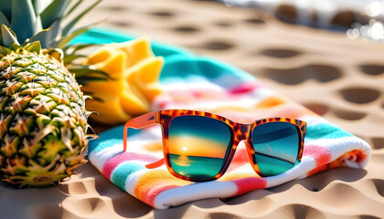 A beach towel with a fun pineapple wearing sunglasses print on a sandy beach with waves in the background - obrazy, fototapety, plakaty