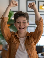 Smiling happy short-haired gay woman raising hands in triumph