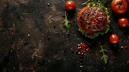A menu concept featuring a tasty meat snack sandwich with a burger, meat cutlet beef steak, tomato,